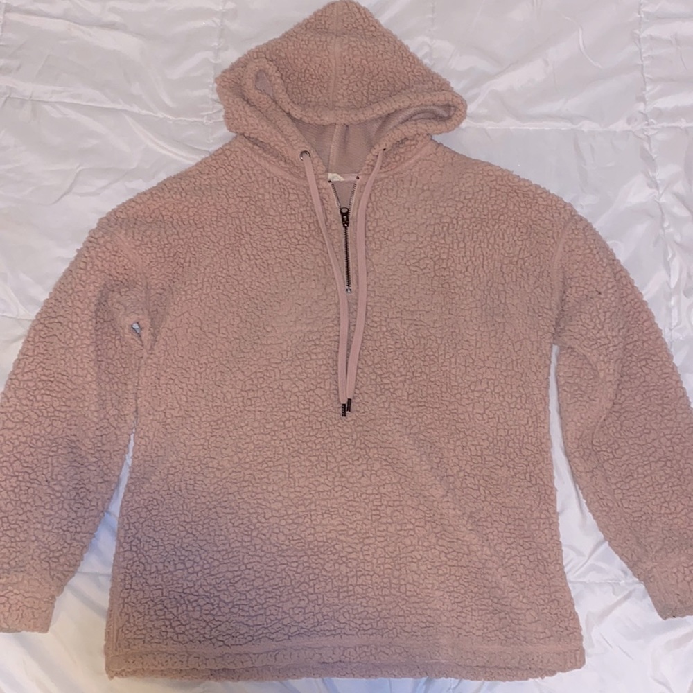 Pink faux fur sweater with hoodie.